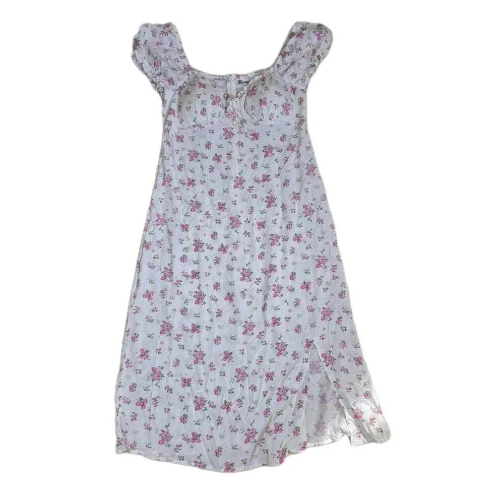 No Boundaries White Floral Rose Midi Dress Puff Sleeves Size S 4-6